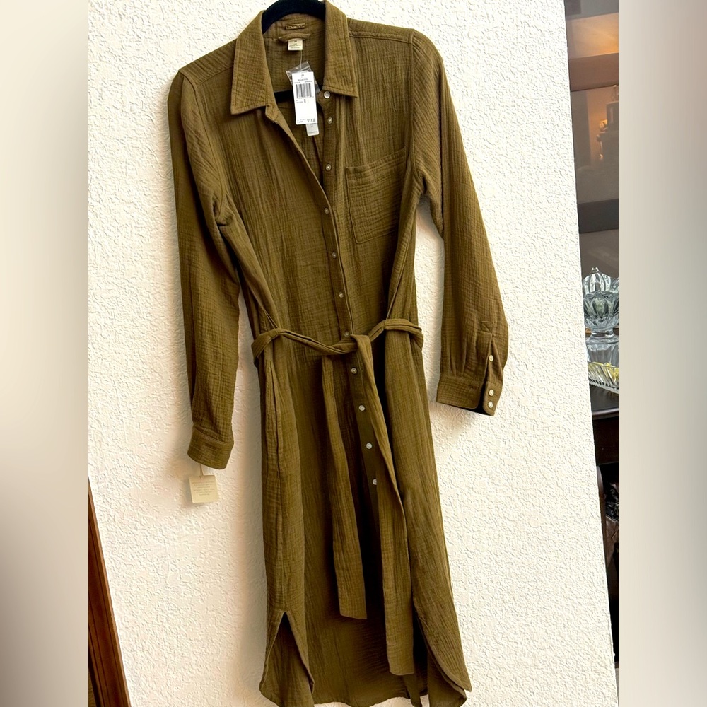 Magaschoni Women’s Button-Up Shirt Dress Olive Green Organic Cotton Size Medium
